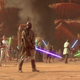 Mace Windu holds his purple lightsaber at the center of the Battle of Geonosis.